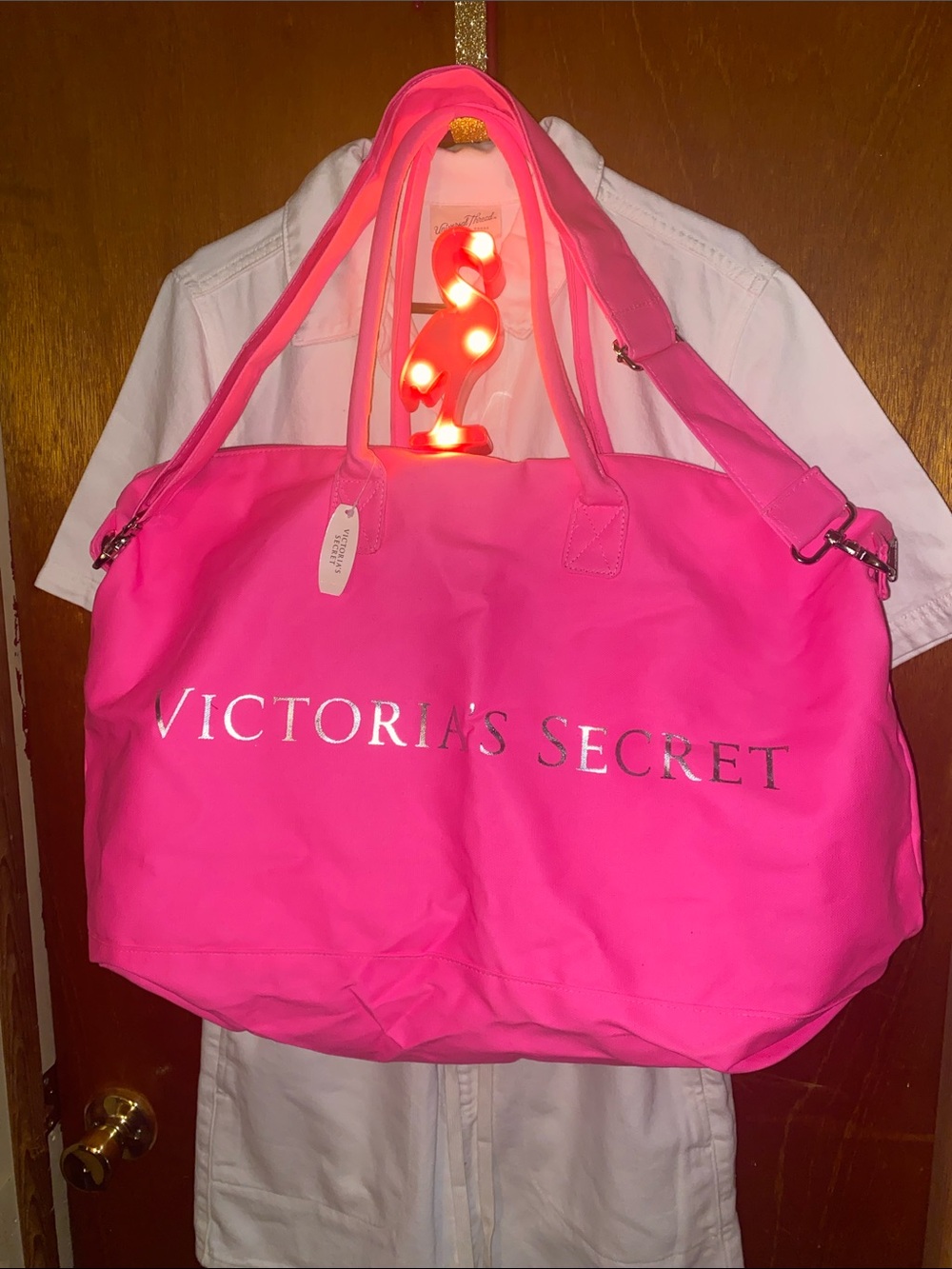 Victoria's Secret Neon Pink Travel Tote with Shoulder Strap